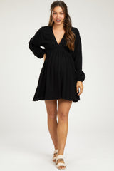 Black Linen Deep V-Neck Long Sleeve Maternity Dress