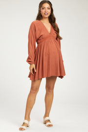 Rust Linen Deep V-Neck Long Sleeve Maternity Dress