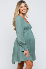 Sage Smocked Long Sleeve Maternity Dress