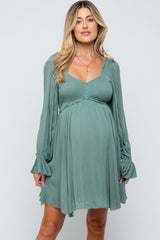 Sage Smocked Long Sleeve Maternity Dress