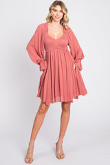 Mauve Smocked Long Sleeve Maternity Dress