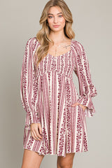 Burgundy Floral Stripe Smocked Long Sleeve Dress