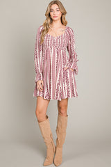 Burgundy Floral Stripe Smocked Long Sleeve Dress