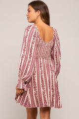 Burgundy Floral Stripe Smocked Long Sleeve Maternity Dress