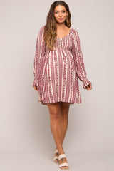 Burgundy Floral Stripe Smocked Long Sleeve Maternity Dress