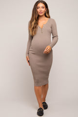 Mocha Ribbed Fitted Button Long Sleeve Maternity Dress