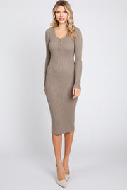 Mocha Ribbed Fitted Button Long Sleeve Dress