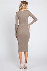 Mocha Ribbed Fitted Button Long Sleeve Dress