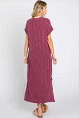 Plum Ribbed Short Sleeve Midi Dress