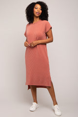 Rust Ribbed Short Sleeve Maternity Midi Dress