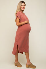 Rust Ribbed Short Sleeve Maternity Midi Dress