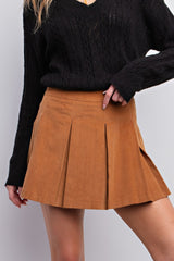 Camel Pleated Corduroy Mini Skirt