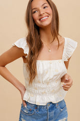 Beige Floral Embroidered Multi Tiered Ruffle Tank