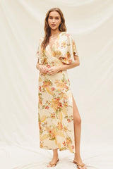 Cream Satin Blouson Maxi Dress