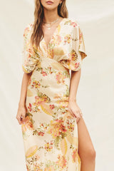 Cream Satin Blouson Maxi Dress