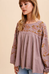 Rose Taupe Embroidered Drop Sleeve Blouse