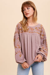 Rose Taupe Embroidered Drop Sleeve Blouse