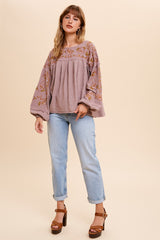 Rose Taupe Embroidered Drop Sleeve Blouse