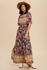 Navy Floral Border Print Square Neck Maxi Dress