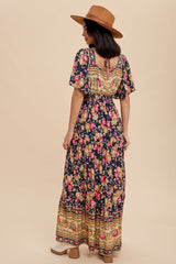 Navy Floral Border Print Square Neck Maxi Dress