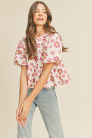 Pink Daisy Floral Bubble Sleeve Babydoll Top