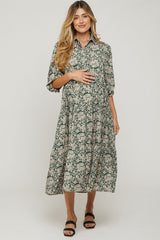 Green Floral Collared Tiered Maternity Maxi Dress