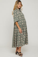 Green Floral Collared Tiered Maternity Maxi Dress