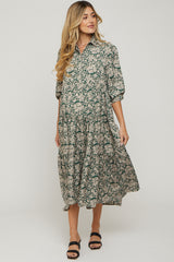 Green Floral Collared Tiered Maternity Maxi Dress