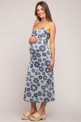 Blue Sleeveless Floral Knit Maternity Maxi Dress