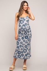 Blue Sleeveless Floral Knit Maternity Maxi Dress