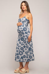 Blue Sleeveless Floral Knit Maternity Maxi Dress