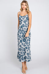 Blue Sleeveless Floral Knit Maxi Dress