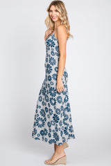 Blue Sleeveless Floral Knit Maxi Dress