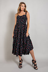 Black Cherry Print Sweetheart Neckline Maxi Dress