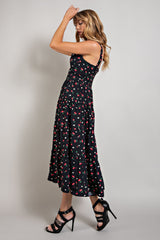 Black Cherry Print Sweetheart Neckline Maxi Dress