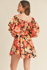 Black Multi Floral Print Bubble Sleeve Flared Mini Dress