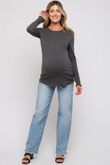 Charcoal Rib Knit Lettuce Trim Maternity Long Sleeve Top