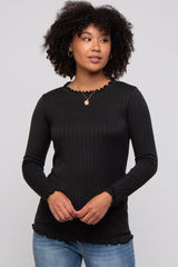 Black Rib Knit Lettuce Trim Long Sleeve Top