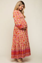 Fuchsia Floral Smocked Tiered Maternity Maxi Dress