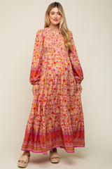 Fuchsia Floral Smocked Tiered Maternity Maxi Dress