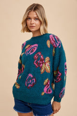 Dark Teal Floral Fuzzy Knit Sweater