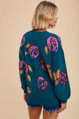 Dark Teal Floral Fuzzy Knit Sweater