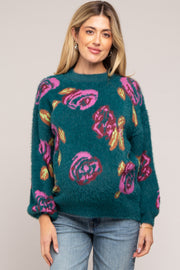 Dark Teal Floral Fuzzy Knit Maternity Sweater