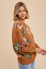 Camel Floral Fuzzy Knit Sweater