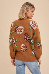 Camel Floral Fuzzy Knit Sweater