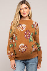 Camel Floral Fuzzy Knit Maternity Sweater