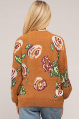 Camel Floral Fuzzy Knit Maternity Sweater