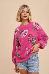 Fuchsia Floral Fuzzy Knit Maternity Sweater