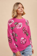 Fuchsia Floral Fuzzy Knit Sweater