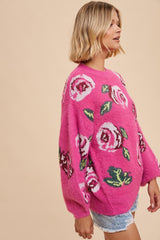 Fuchsia Floral Fuzzy Knit Sweater